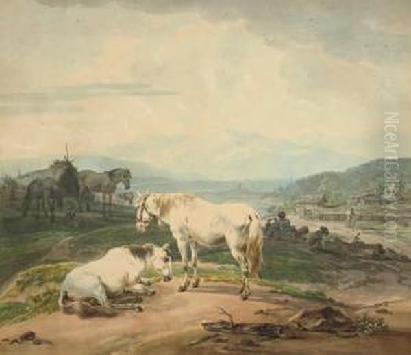 Horses Near A Lake, The Alps In The Distance - view 1