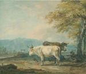 Zwei Rinder Mit Ruhendem Bauern. Zwei Rinder Mit Ruhendem Bauern.