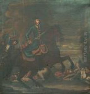 An Equestrian Portrait Of King Karl Xii Of Sweden On A Battlefield