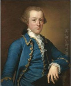 Portrait Of A Gentleman, Half Length, Wearing A Blue Coat Andwaistcoat, Holding A Hat by Anton von Maron