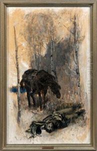 Gefallener Husar Mit Seinem Pferd Im Birkenwald by Carl von Marr