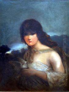 German / American Oil On Canvas Girl Holding A Dove 27.5 X 21in