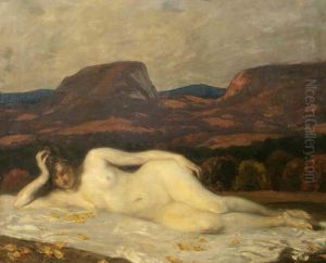 "liegender Weiblicher Akt" In Landschaft by Carl von Marr