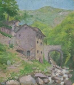 Landschaft Mit Gebirgsbach Und 
Steinhausern. Ol Auf Karton. 28,8 X 25 Cm. Ruckseitig Mit 
Nachlasstempel.