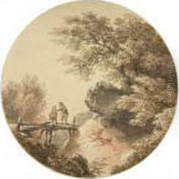 Waldlandschaft Mit Altem Mann Und Knaben Auf Einem Steg. - view 1