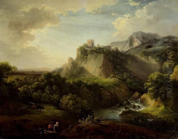 Italianisierende Flusslandschaft Mit Ruine, Hirten Und Weidetieren - view 1
