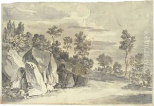 A Path At The Edge Of A Forest In An Italianate Landscape (recto),a Plant Study (verso) by Martin von Molitor