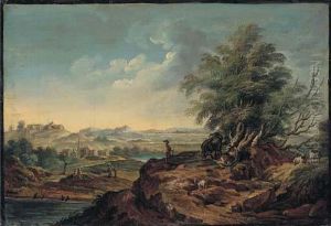 An Extensive Landscape With A 
Herdsman And Livestock In Theforeground, A Village Seen Beyond