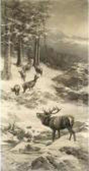 A Stag Calling Out To His Herd In A Winter Landscape - view 1