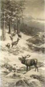 A Stag Calling Out To His Herd In A Winter Landscape by Franz Xavier Von Pausinger