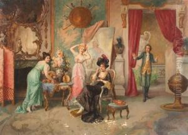 Franz Von 
(osterreichischergenremaler, 1852 Laibach - 1912 Wien, Studium An Der Ak
 Wien Unterengerth), "galante Salongesellschaft", Drei Damen Und Ein 
Herr Inprunkvollem Rokokosaal, Ol Auf Leinwand, 59 X 79, Unten 
Rechtssigniert, Im Unteren, Mitti - view 1