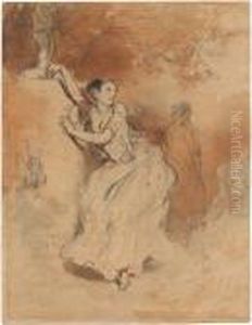 Junge Frau An Das Standbild Eines Amor Gelehnt