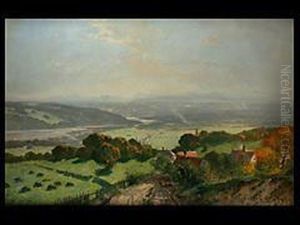 Blick In Die Tiefe Landschaft Des Voralpenbereichs Beiwolfratshausen by Richard Von Poschinger