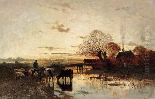 A Shepherd With His Herd At Dusk - view 1