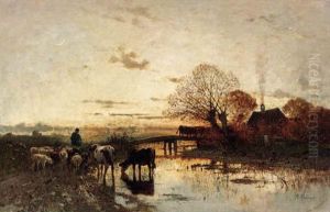 A Shepherd With His Herd At Dusk by Richard Von Poschinger