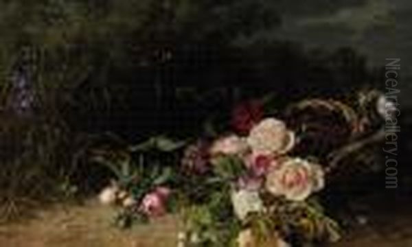 A Forest Landscape With Roses In A Wicker Basket - view 1