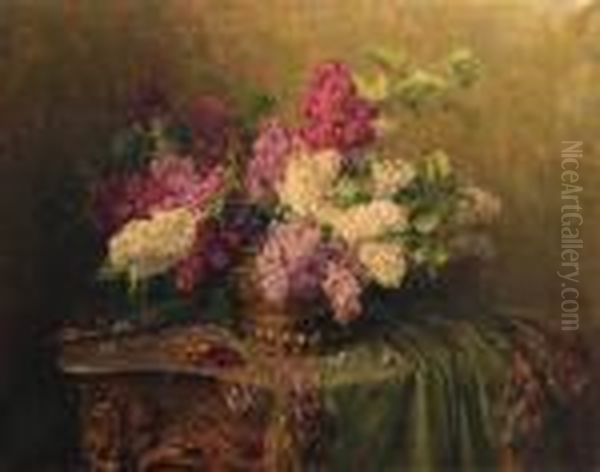 A Still Life With Lilacs And Violets On A Draped Guilt Rococotable - view 1