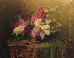 A Still Life With Lilacs And Violets On A Draped Guilt Rococotable
