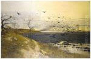 Flock Of Birds At Sunset by Bela Von Spanyi