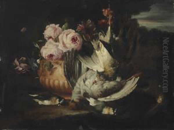 Flowers In A Terracotta Vase With Dead Game - view 1