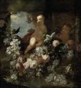Putti Disporting Beside A Fountain With Flowers by Frans Werner Von Tamm