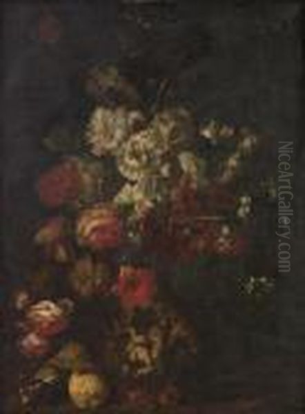Roses, Carnations, Peonies And 
Other Flowersin An Antique Urn, On A Table Top, With A Lemon And Prunes - view 1