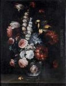 Roses, Tulips, Chrysanthemums
And Otherflowers In A Glass Vase On A Table Top; And Convolvulus,
Roses,delphiniums And Other Flowers In A Glass Vase On A Table Top by Frans Werner Von Tamm