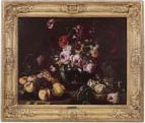 Natura Morta Con Fiori In Un Vaso E Frutta Su Un Basamento by Frans Werner Von Tamm