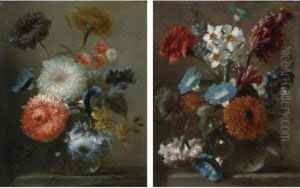Still Lifes Of Carnations And Other Flowers In Glass Vases by Frans Werner Von Tamm
