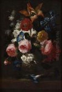 Rose E Altri Fiori In Un Vaso Su Un Piano by Frans Werner Von Tamm
