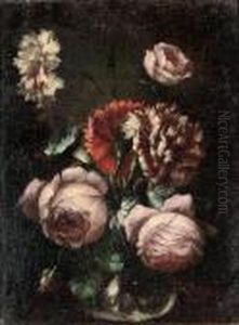 Roses, Carnations And Convolvulus In A Glass Vase by Frans Werner Von Tamm
