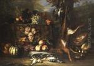 Grosses Jagdstillleben Mit Fruchten Und Vogeln by Frans Werner Von Tamm