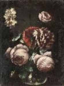 Roses, Carnations And Morning Glory In A Glass Vase by Frans Werner Von Tamm