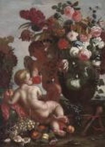 Roses, Chrysanthemums,
Convolvulus And Other Flowers In An Urn, Peaches, Figs, Grapes And Other
Fruit, With Putti by Frans Werner Von Tamm