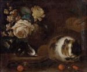 Stillleben Mit Blumen In Vase, Meerschweinchen Und Obst
