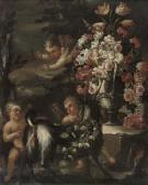 Putti Disporting With A Goat, By
 An Urn Of Chrysanthemums, Roses, Parrot Tulips And Other Flowers, In A 
Landscape - view 1