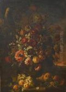 Tulips, Carnations, Morning
Glory, Chrysanthemums And Other Flowers In A Bronze Urn On A Stone Ledge
With A Basket Of Grapes, Peaches And A Melon With A Parrot And A Rabbit
Nearby; Roses, Tulips, Chrysanthemums, Jasmine And Other Flowers In A
Bron by Frans Werner Von Tamm