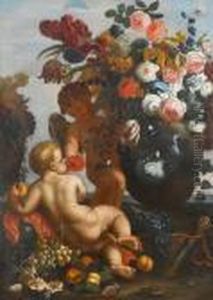 Putti With Flowers And Fruit
Beside An Urn With Carnations, Asters, Morning Glory, Roses And Other
Flowers, With Grapes, Figs, Plums And A Quiver Putti With Flowers And Fruit
Beside An Urn With Carnations, Asters, Morning Glory, Roses And Other
Flowers, With Grapes, Figs, Plums And A Quiver