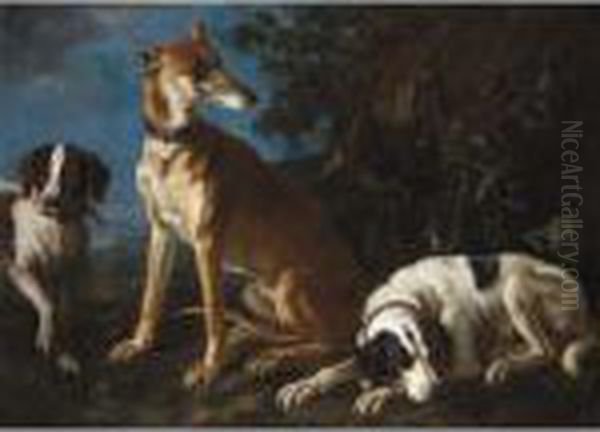 A Greyhound And Two Spaniels In A Landscape - view 1