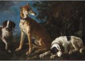 A Greyhound And Two Spaniels In A Landscape by Frans Werner Von Tamm