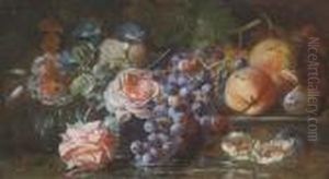 Grapes On The Vine, Figs, 
Peaches, Roses And Morning Glory Resting On A Stone Ledge Before A Pool 
Of Water
