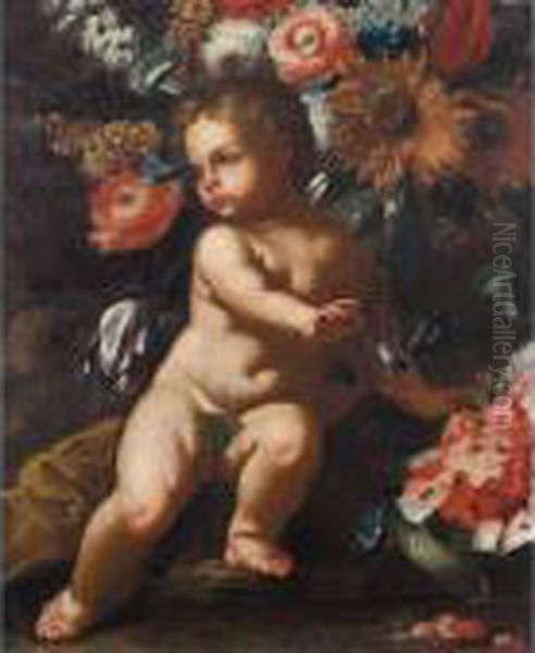 Still Life With A Putto Beside A
 Watermelon, Beneath A Sunflower, Convolvulus, Tulips And Other Flowers - view 1