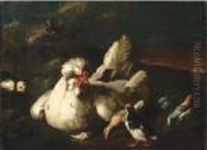 A Hen And Chicks In A Landscape by Frans Werner Von Tamm