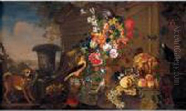 Still Life With An African Grey
Parrot, A Chaffinch And Another Bird, Together With Flowers In A Bronze
Urn And Grapes, Apples, A Melon And Other Fruit Together In A Landscape - view 1