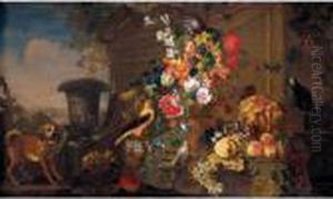 Still Life With An African Grey
Parrot, A Chaffinch And Another Bird, Together With Flowers In A Bronze
Urn And Grapes, Apples, A Melon And Other Fruit Together In A Landscape by Frans Werner Von Tamm