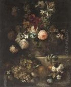 Roses, Narcissi, Morning Glory 
And Other Flowers In A Vase On Aledge With Grapes, Plums And Oranges 
Beneath