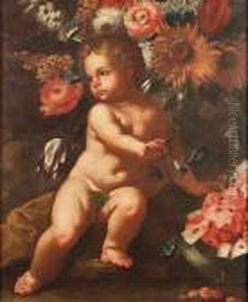A Putto Beside A Watermelon,
Beneath A Sunflower, Convolvulus, Tulips And Other Flowers, A Fragment - view 1