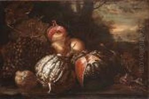 Melons, Pomegranates, Figs, Grapes And A Lemon With A View To A Landscape Beyond