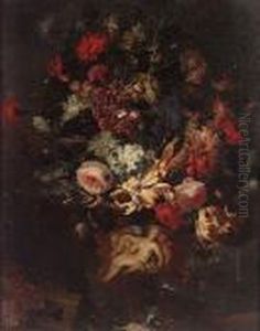 Peonies, Chrysanthemums, Roses,
Narcissi And Other Flowers In A Sculpted Urn With Morning Glory And
Grapes On A Ledge by Frans Werner Von Tamm