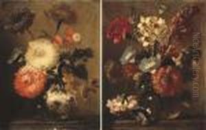 Mixed Flowers In A Glass Vase On
A Stone Ledge; And Mixed Flowers In A Glass Vase On A Stone Ledge by Frans Werner Von Tamm